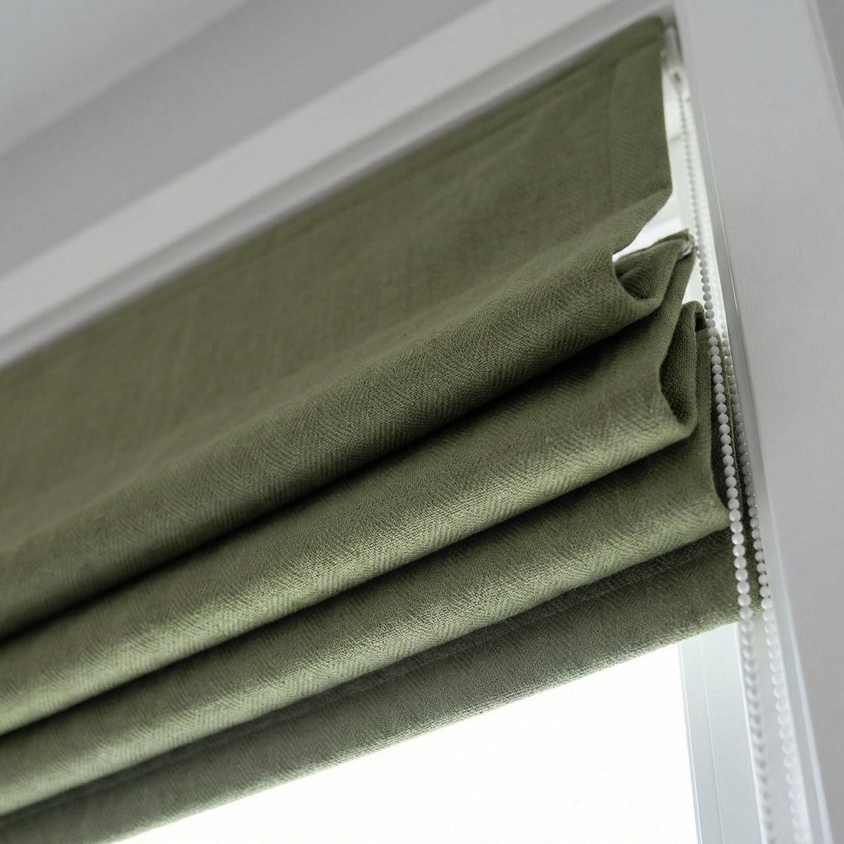 Sage Green Linen Roman Shade, Herringbone Texture, Custom Corded Blind — image 3