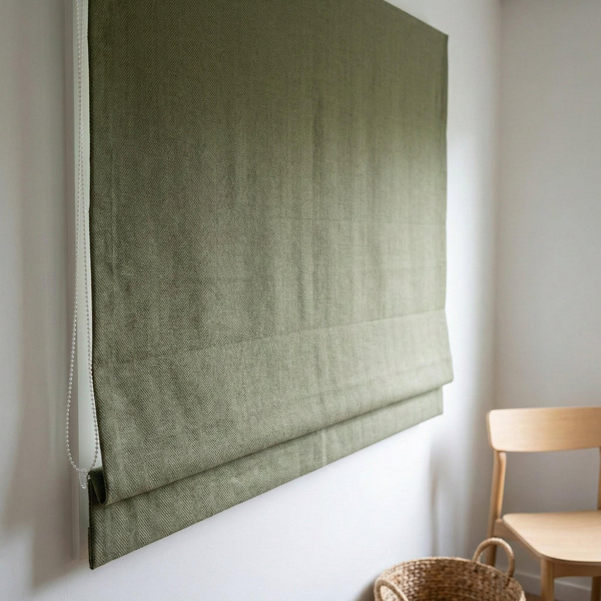 Sage Green Linen Roman Shade, Herringbone Texture, Custom Corded Blind — image 7