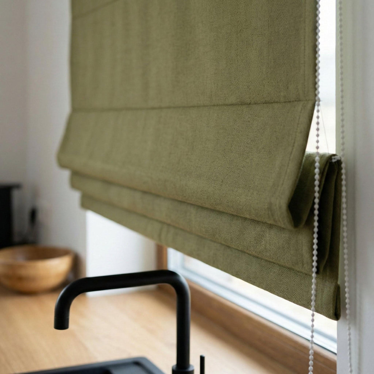 Moss Green Herringbone Linen Roman Shade, Custom Corded Window Blind, OEKO-TEX — image 3