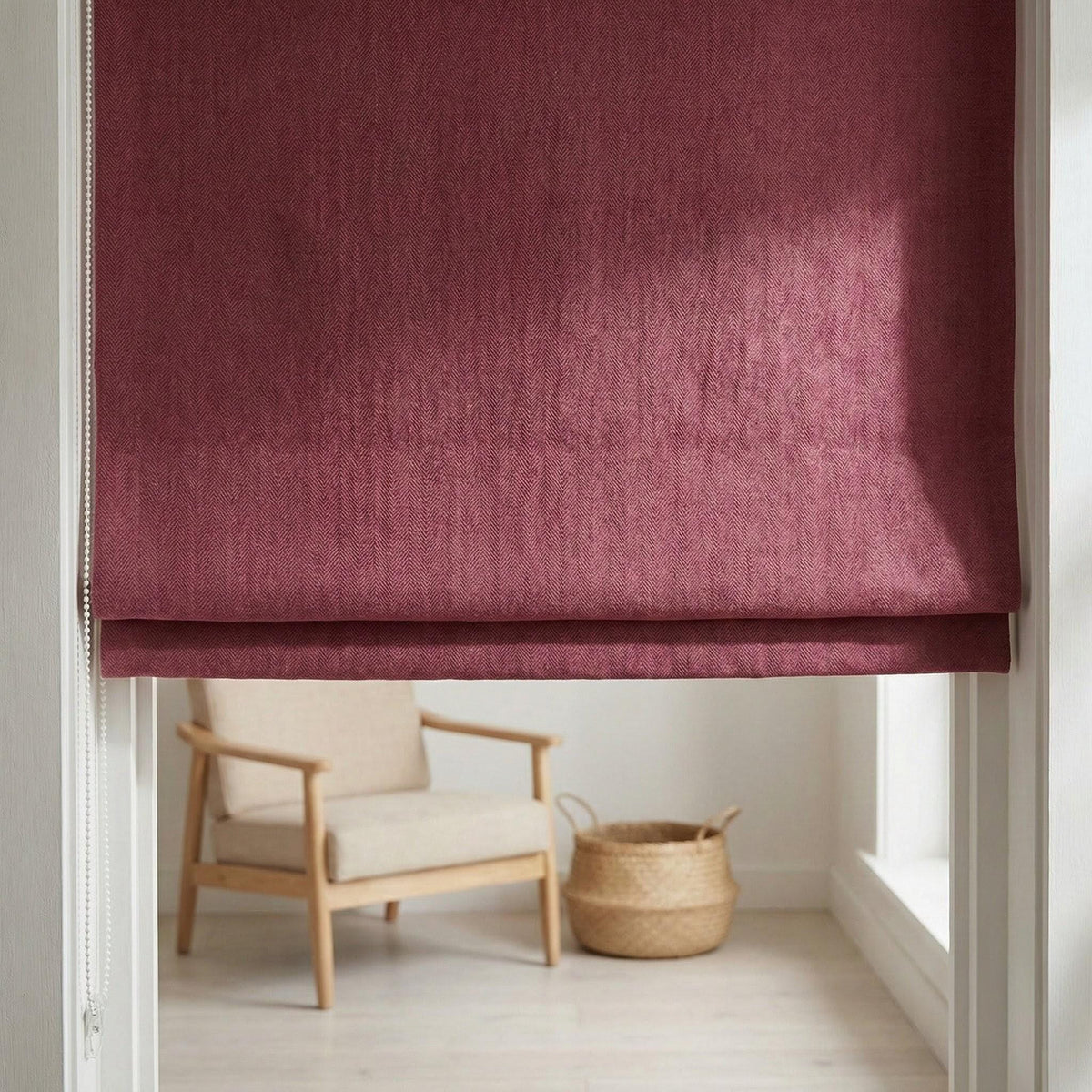 Burgundy Herringbone Linen Roman Shade, Custom Corded Window Blind, OEKO-TEX — image 6