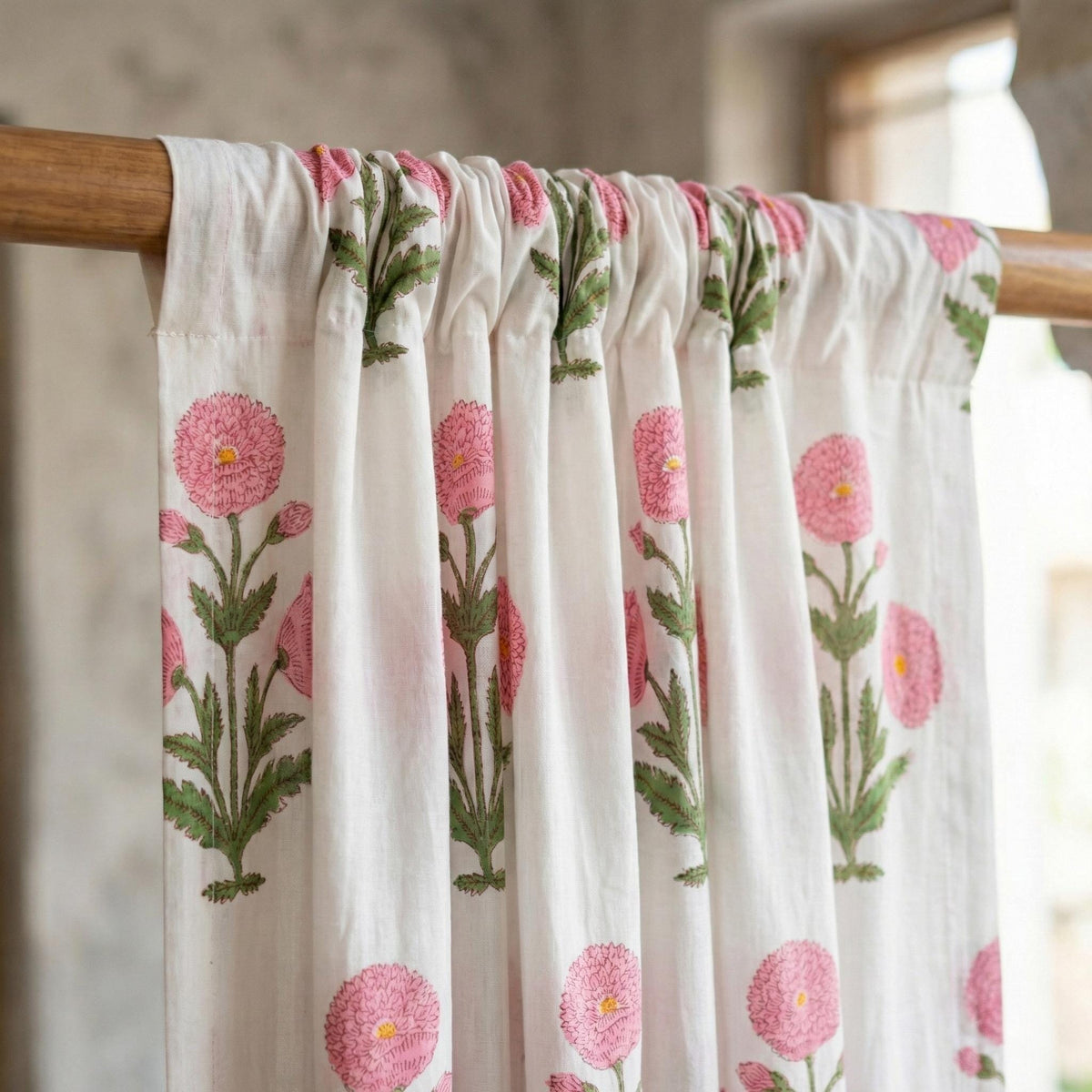 Pink Floral Block Print Curtain Panel, Organic Cotton Semi Sheer — image 6