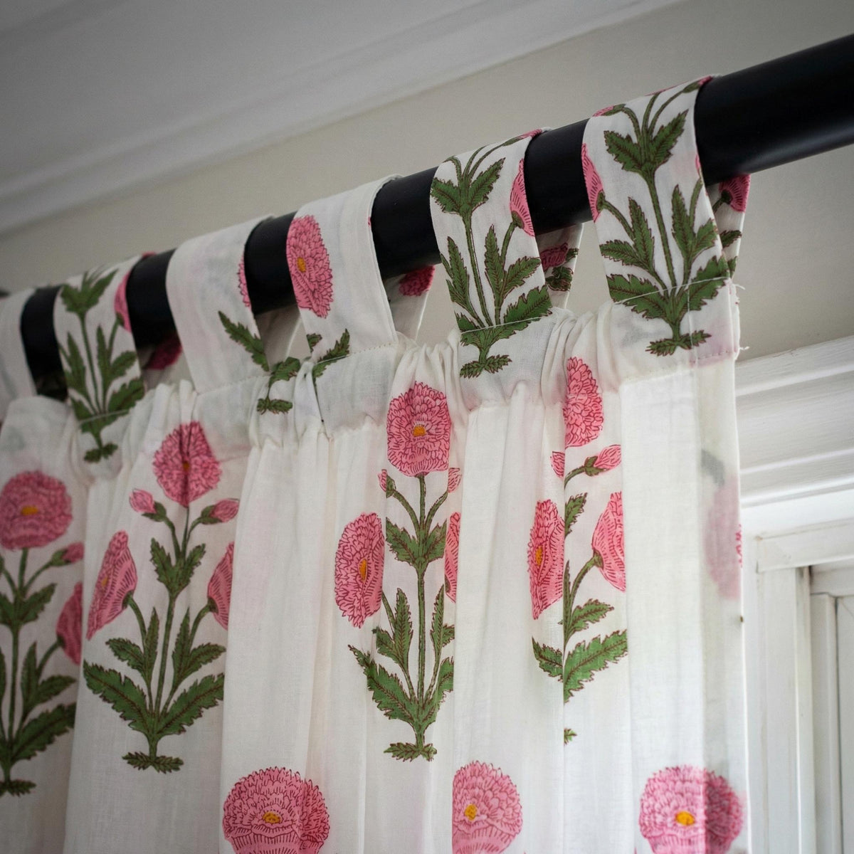Pink Floral Block Print Curtain Panel, Organic Cotton Semi Sheer — image 7