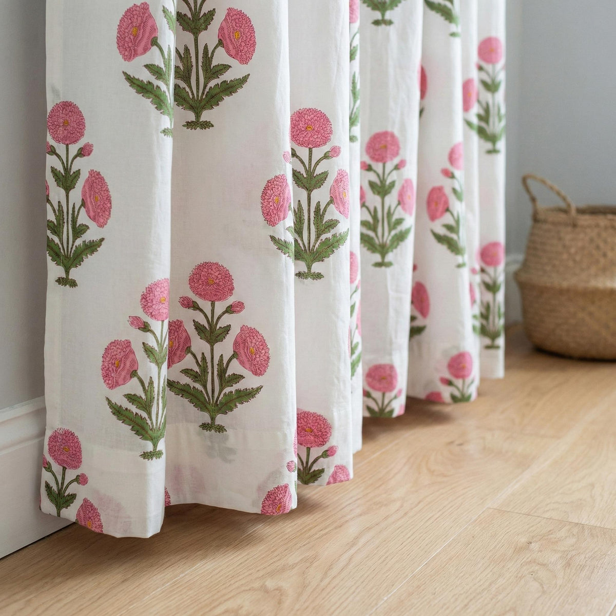 Pink Floral Block Print Curtain Panel, Organic Cotton Semi Sheer — image 5