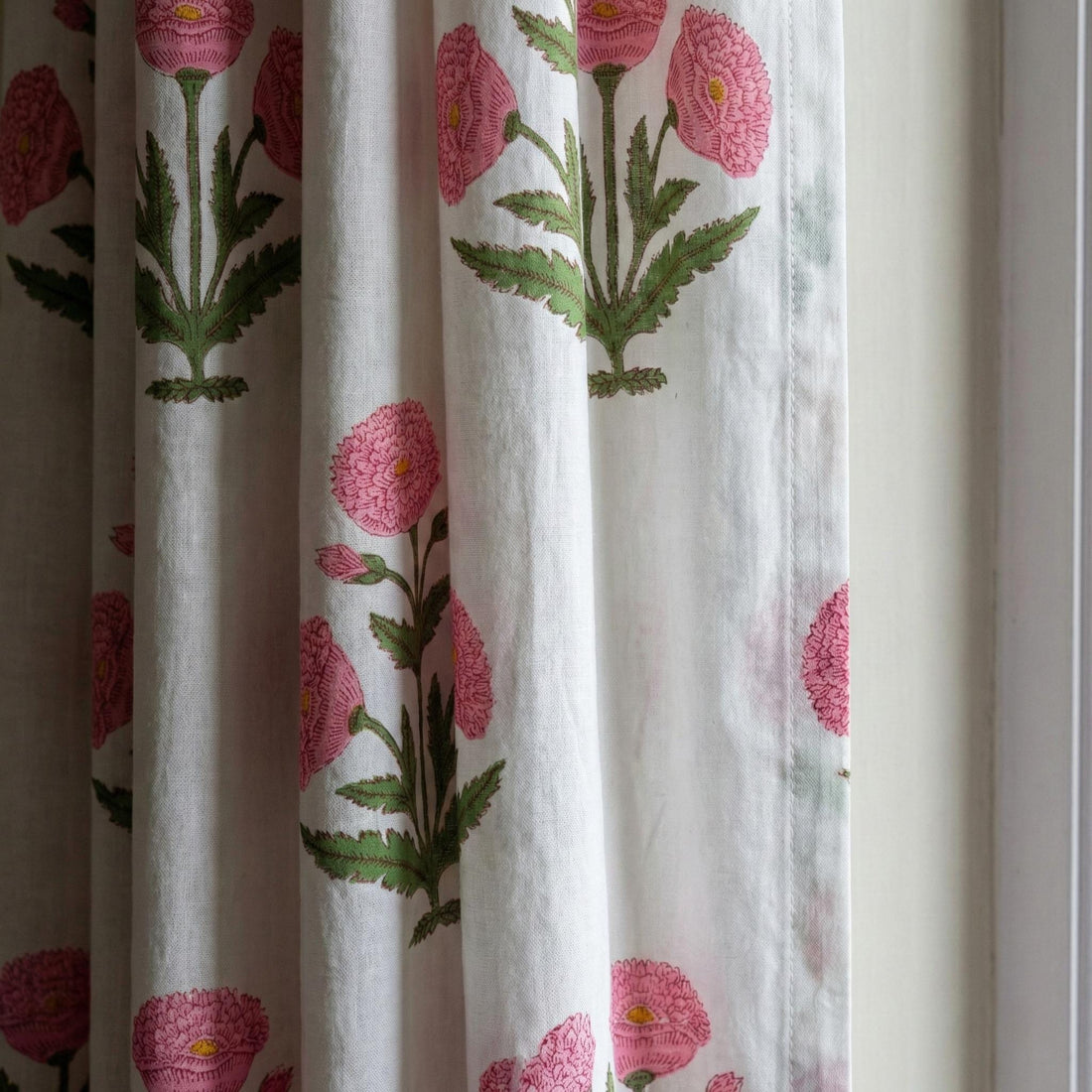 Pink Floral Block Print Curtain Panel, Organic Cotton Semi Sheer — image 1