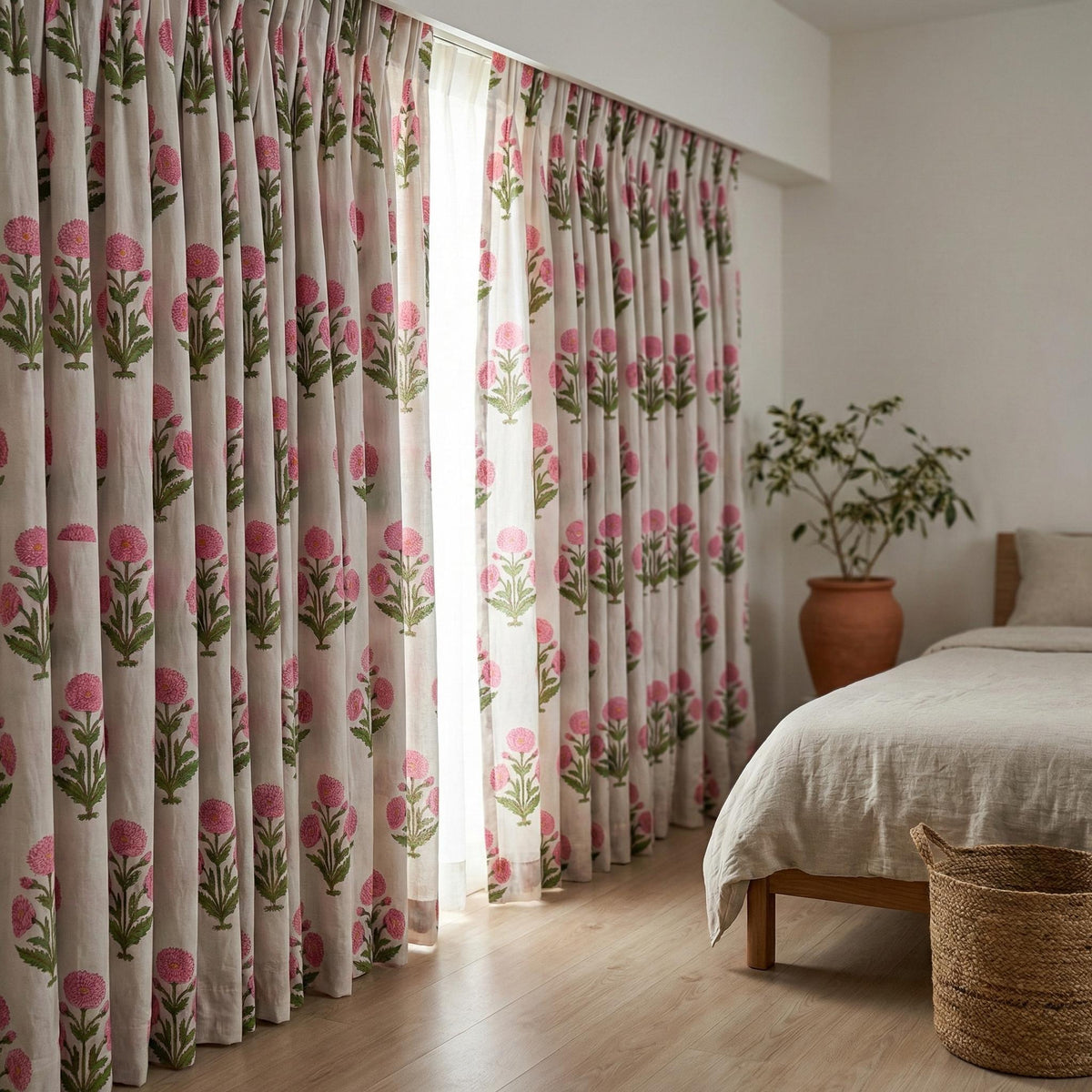 Pink Floral Block Print Curtain Panel, Organic Cotton Semi Sheer — image 9