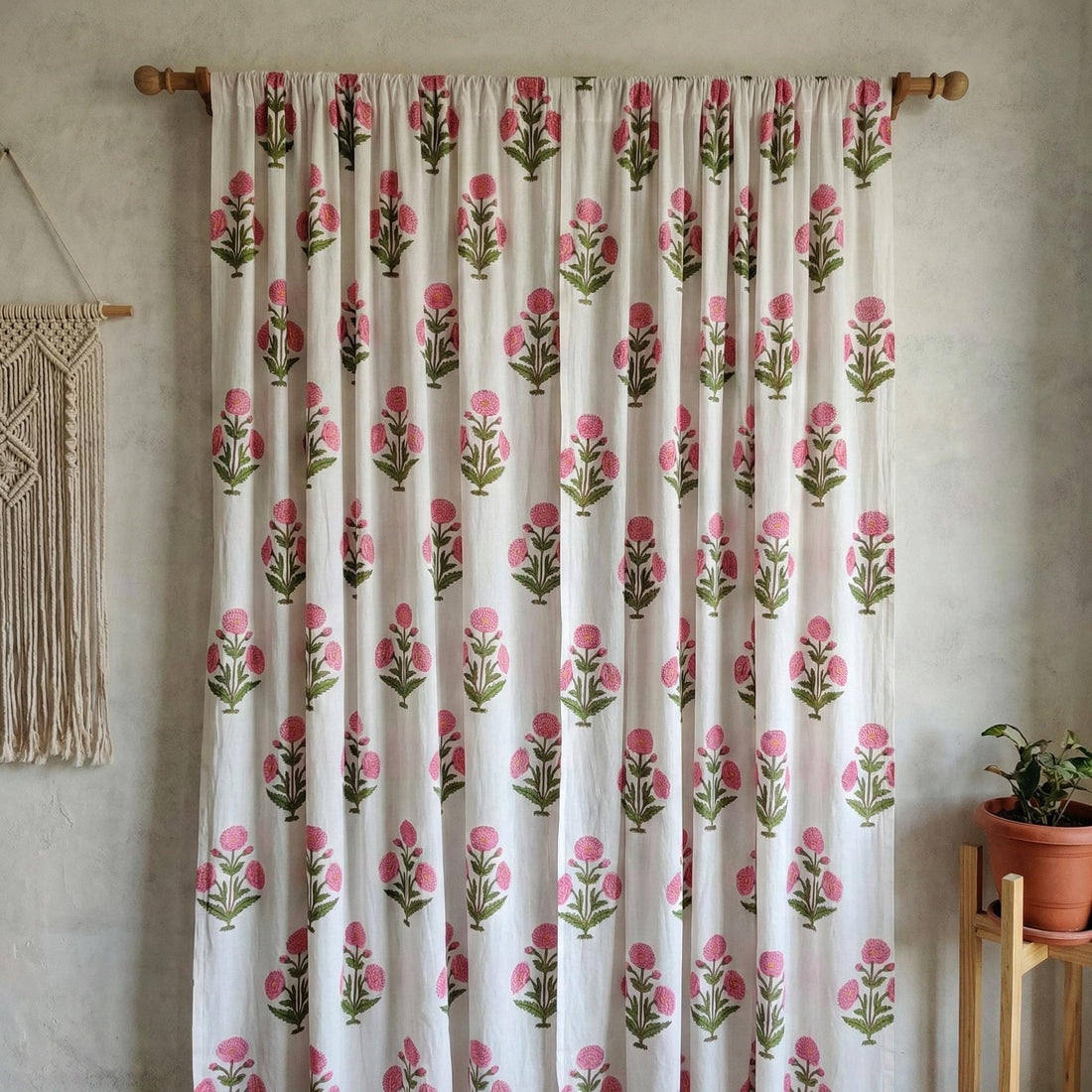 Pink Floral Block Print Curtain Panel, Organic Cotton Semi Sheer — image 1