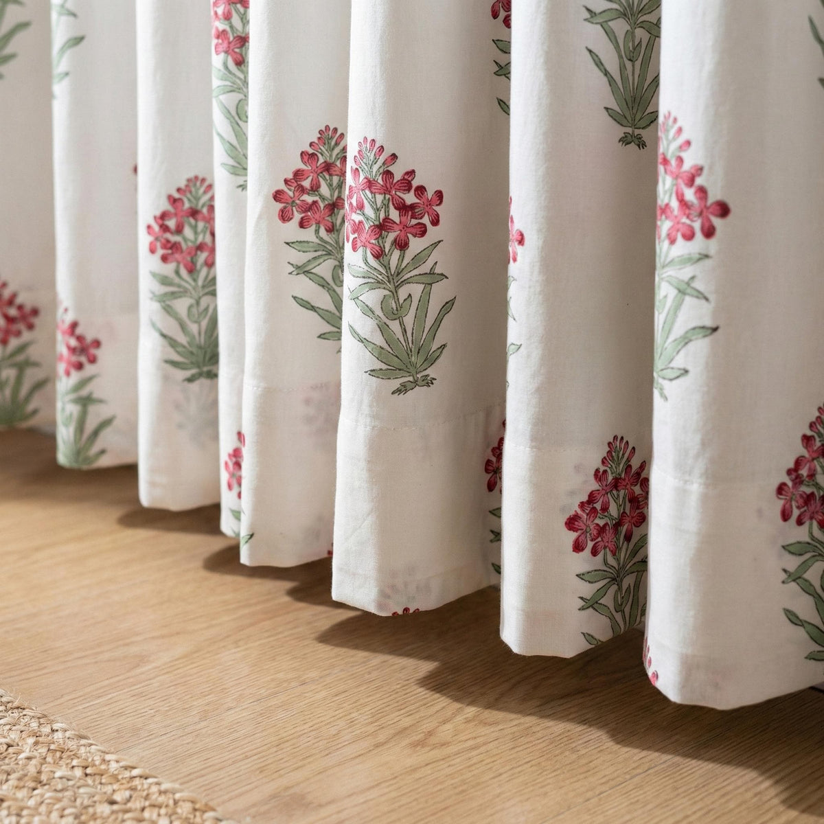 Hand Block Print Organic Cotton Curtain, Pink Floral, Semi Sheer — image 4