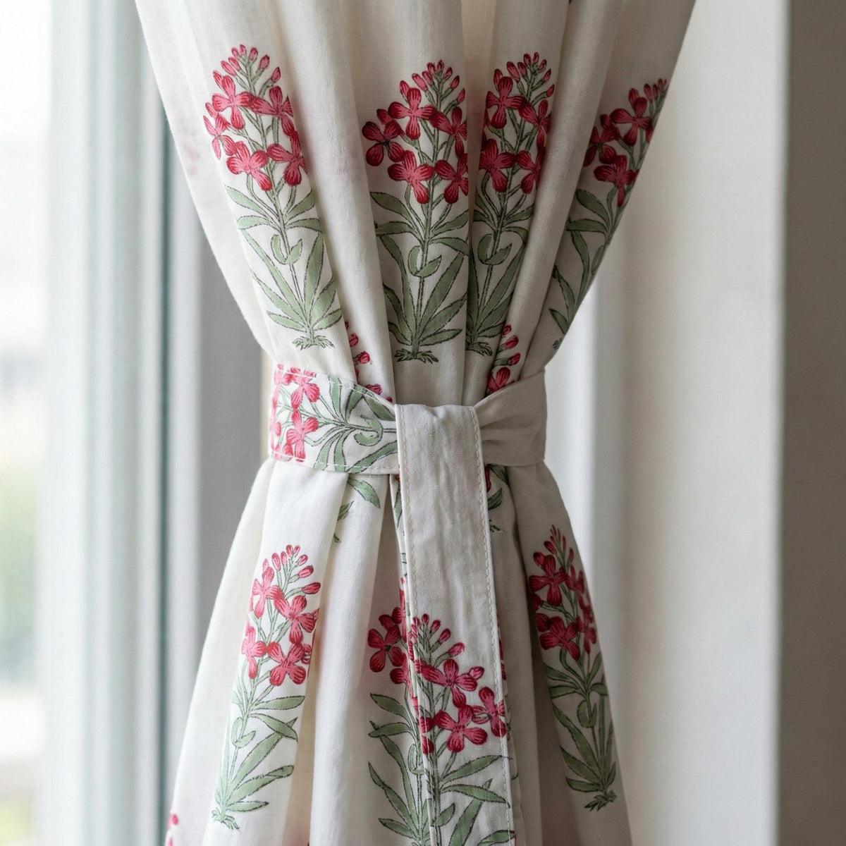 Hand Block Print Organic Cotton Curtain, Pink Floral, Semi Sheer — image 3