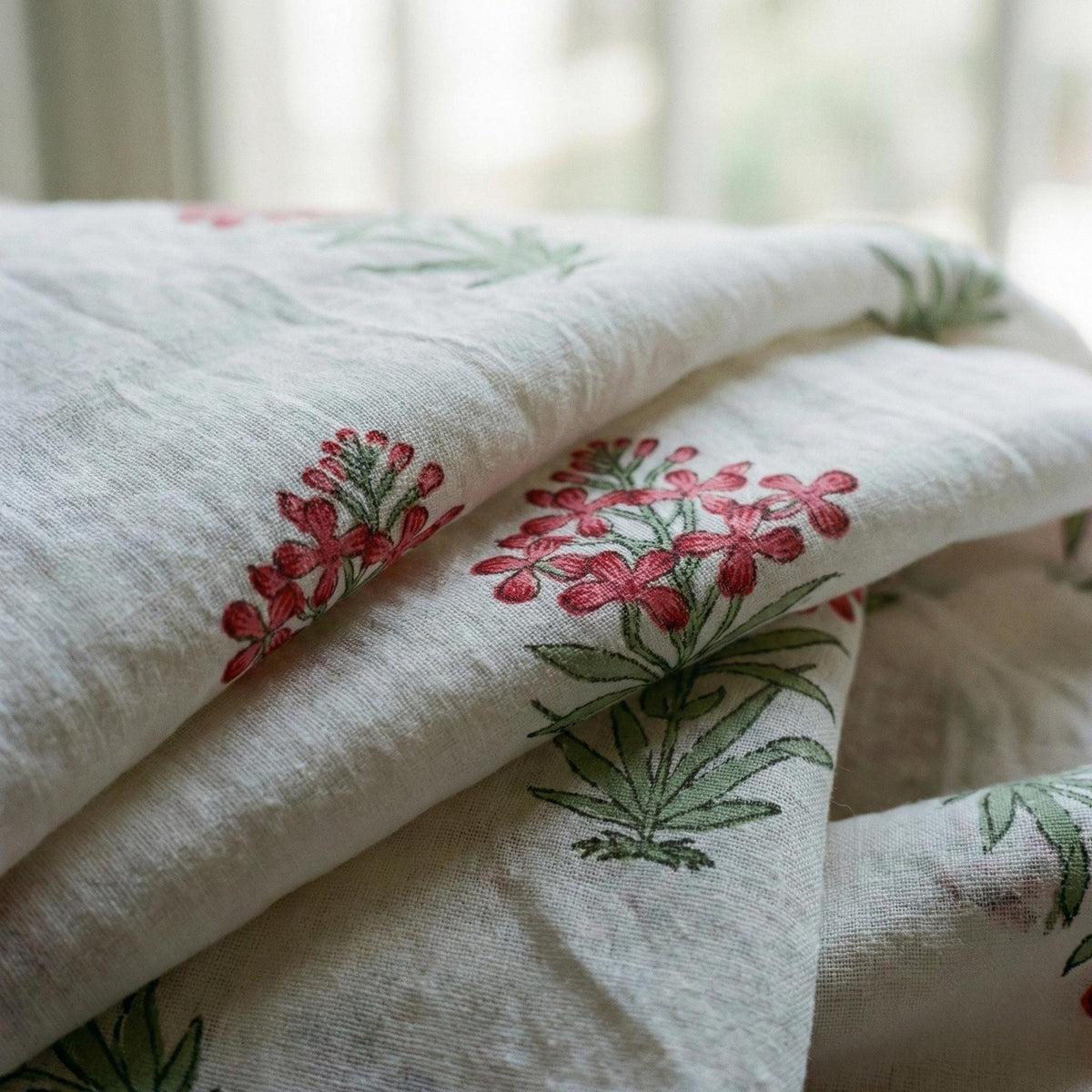Hand Block Print Organic Cotton Curtain, Pink Floral, Semi Sheer — image 8
