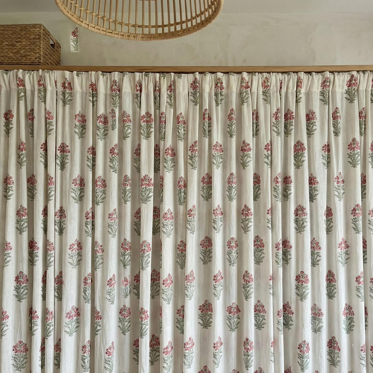 Hand Block Print Organic Cotton Curtain, Pink Floral, Semi Sheer — image 7