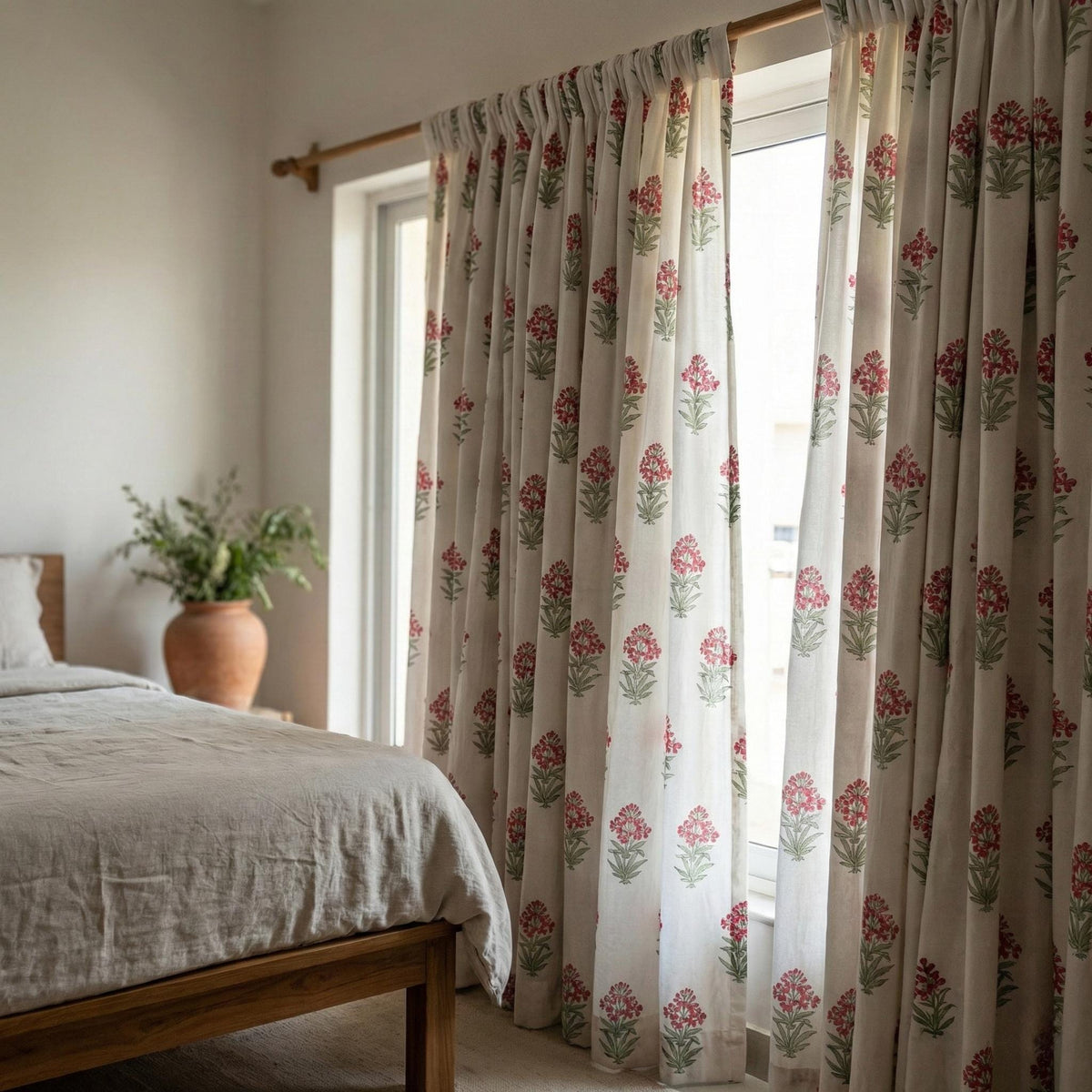 Hand Block Print Organic Cotton Curtain, Pink Floral, Semi Sheer — image 5