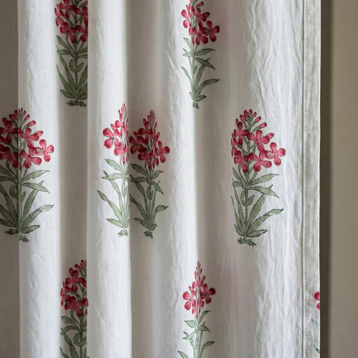 Hand Block Print Organic Cotton Curtain, Pink Floral, Semi Sheer — image 1