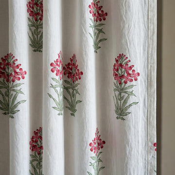 Hand Block Print Organic Cotton Curtain, Pink Floral, Semi Sheer — image 1