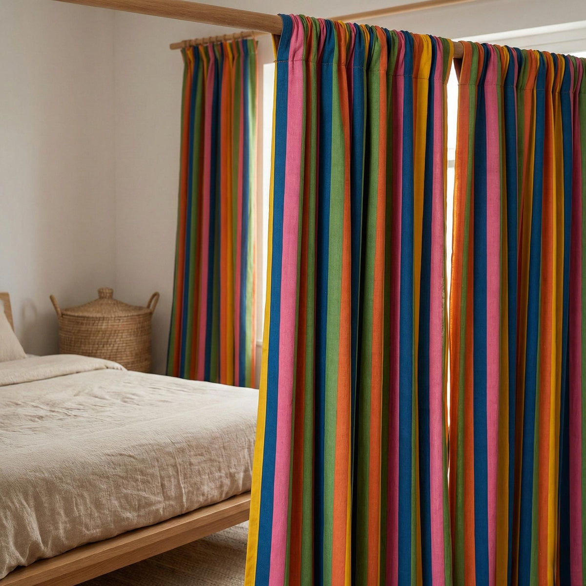 Rainbow Stripe Organic Cotton Curtains, Hand Block Print, Custom Size — image 8