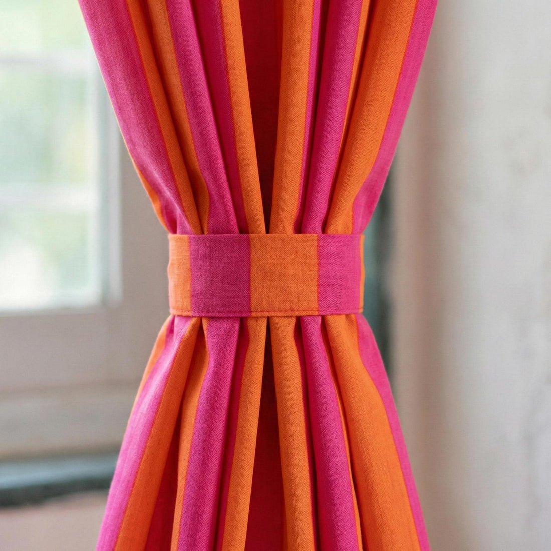 Pink Orange Striped Curtains, Hand Block Print, Organic Cotton Drapes — image 1