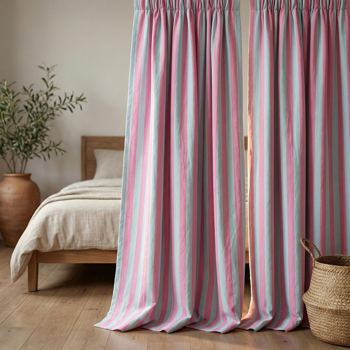 Hand Block Print Organic Cotton Curtains, Pink White Stripe, Custom Size — image 8