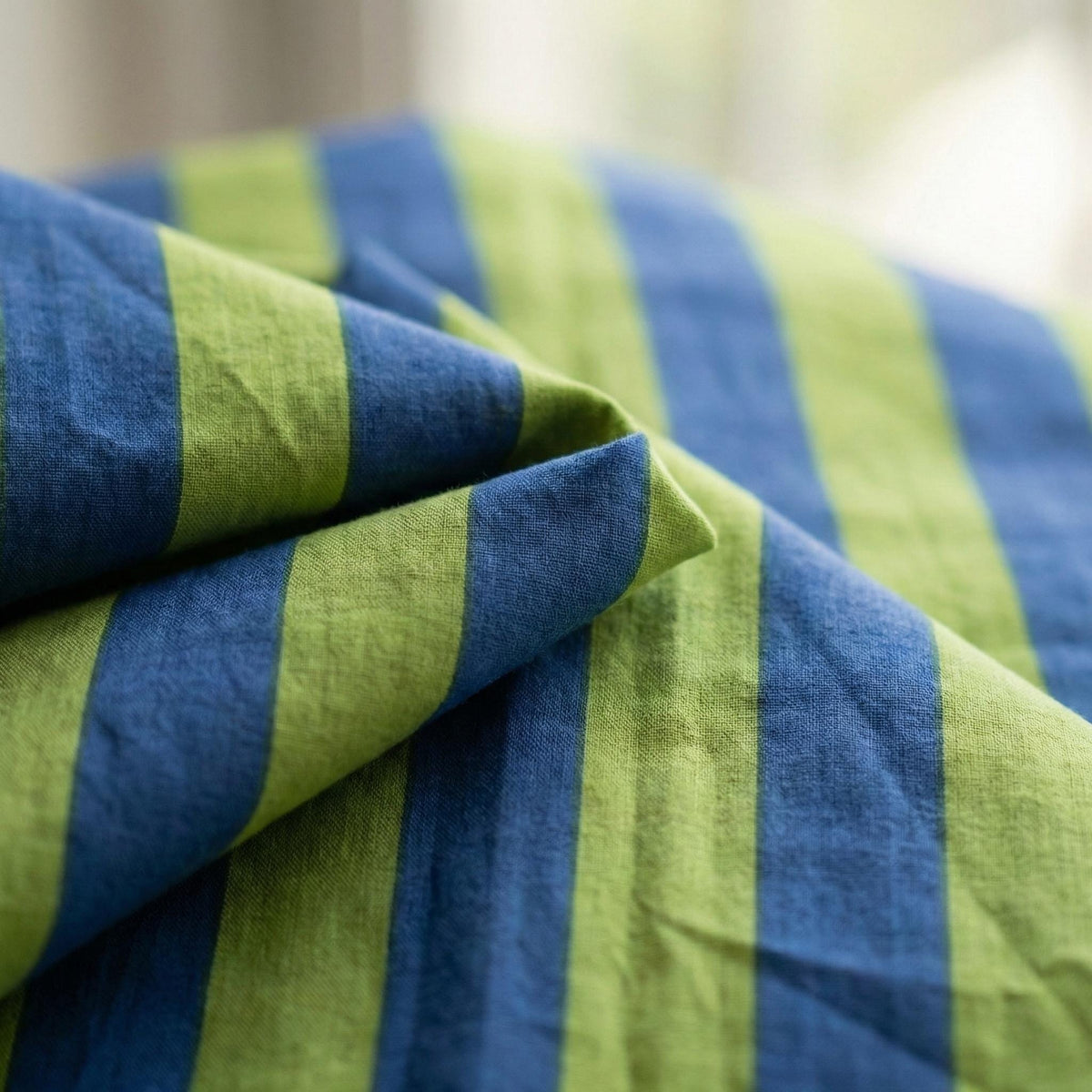 Hand Block Print Organic Cotton Curtains, Navy Green Stripe, Custom Size — image 2