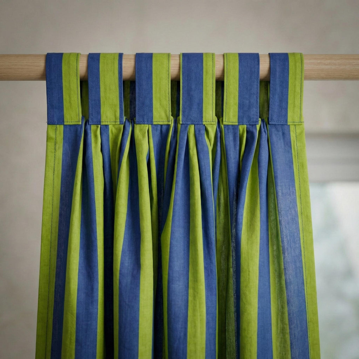 Hand Block Print Organic Cotton Curtains, Navy Green Stripe, Custom Size — image 4