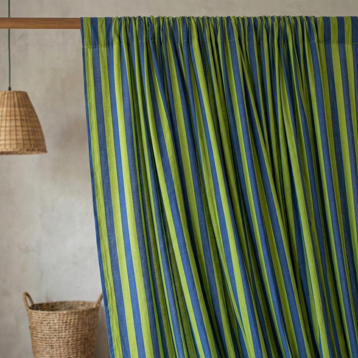Hand Block Print Organic Cotton Curtains, Navy Green Stripe, Custom Size — image 8
