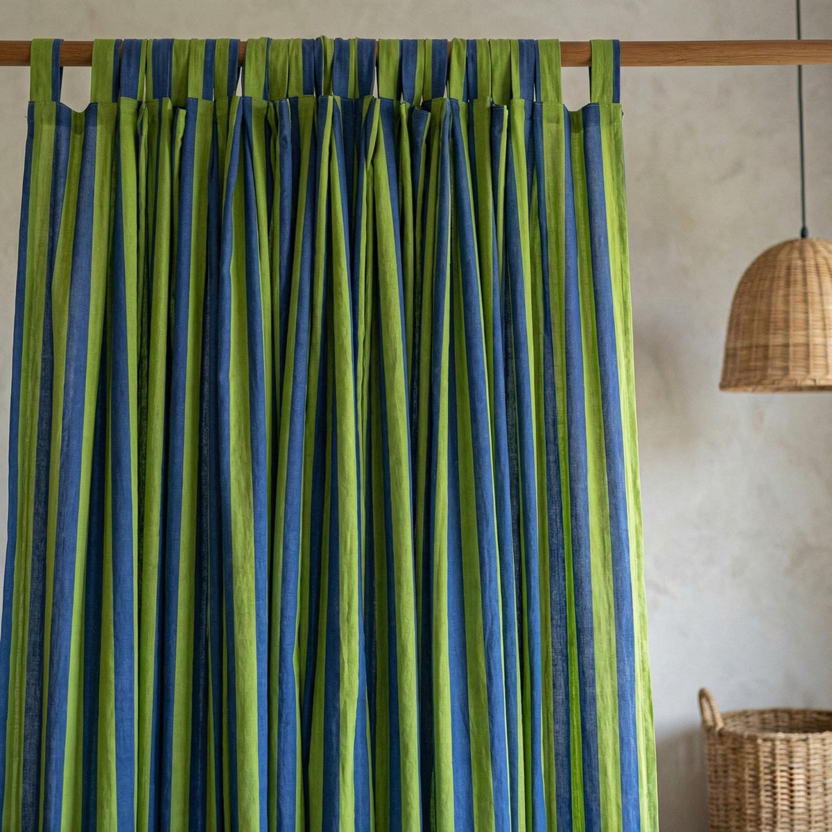 Hand Block Print Organic Cotton Curtains, Navy Green Stripe, Custom Size — image 7