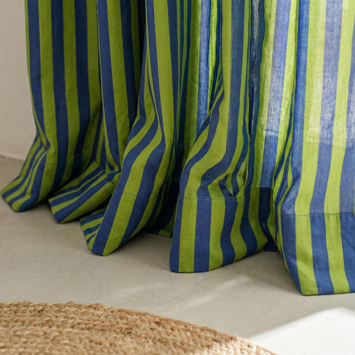 Hand Block Print Organic Cotton Curtains, Navy Green Stripe, Custom Size — image 6