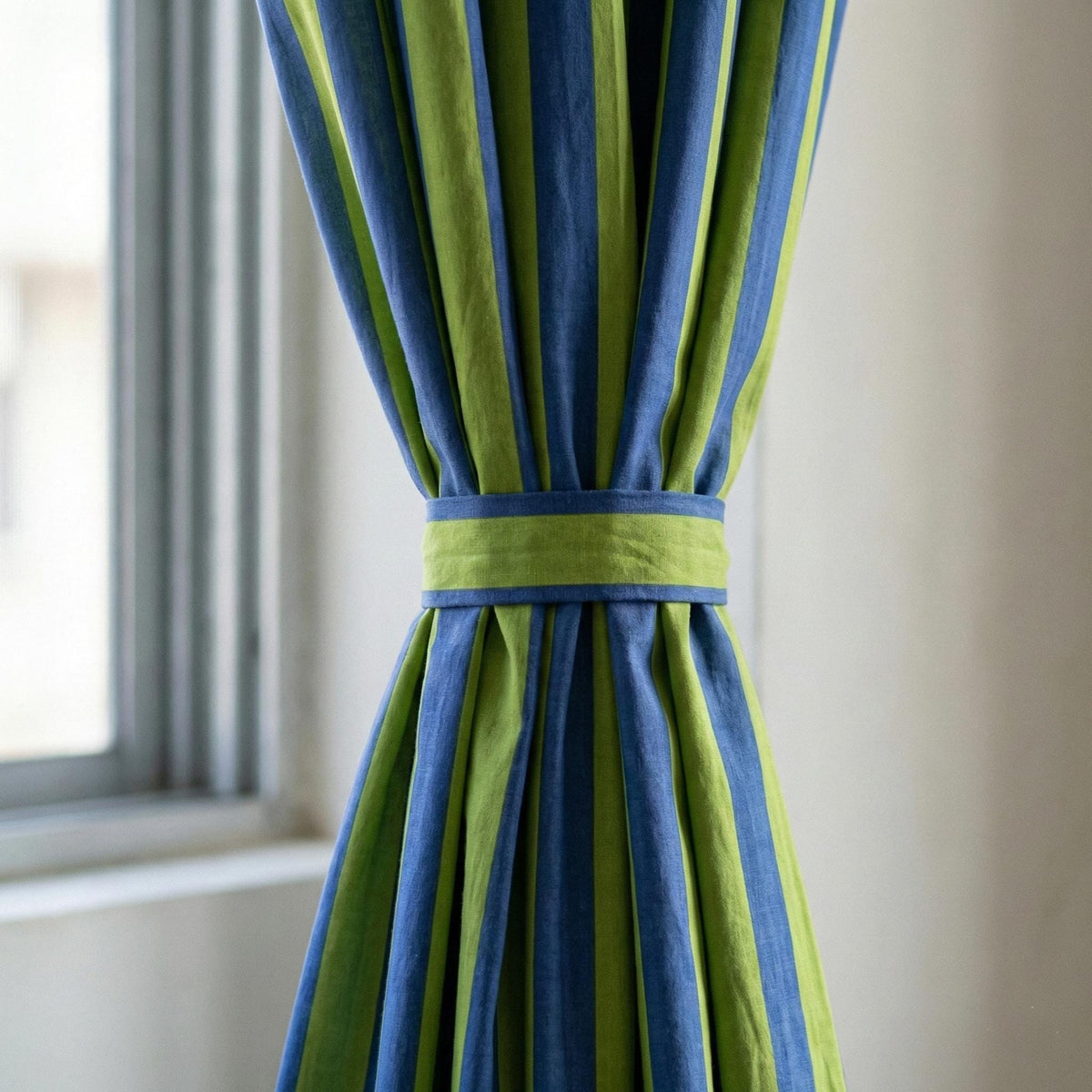 Hand Block Print Organic Cotton Curtains, Navy Green Stripe, Custom Size — image 3