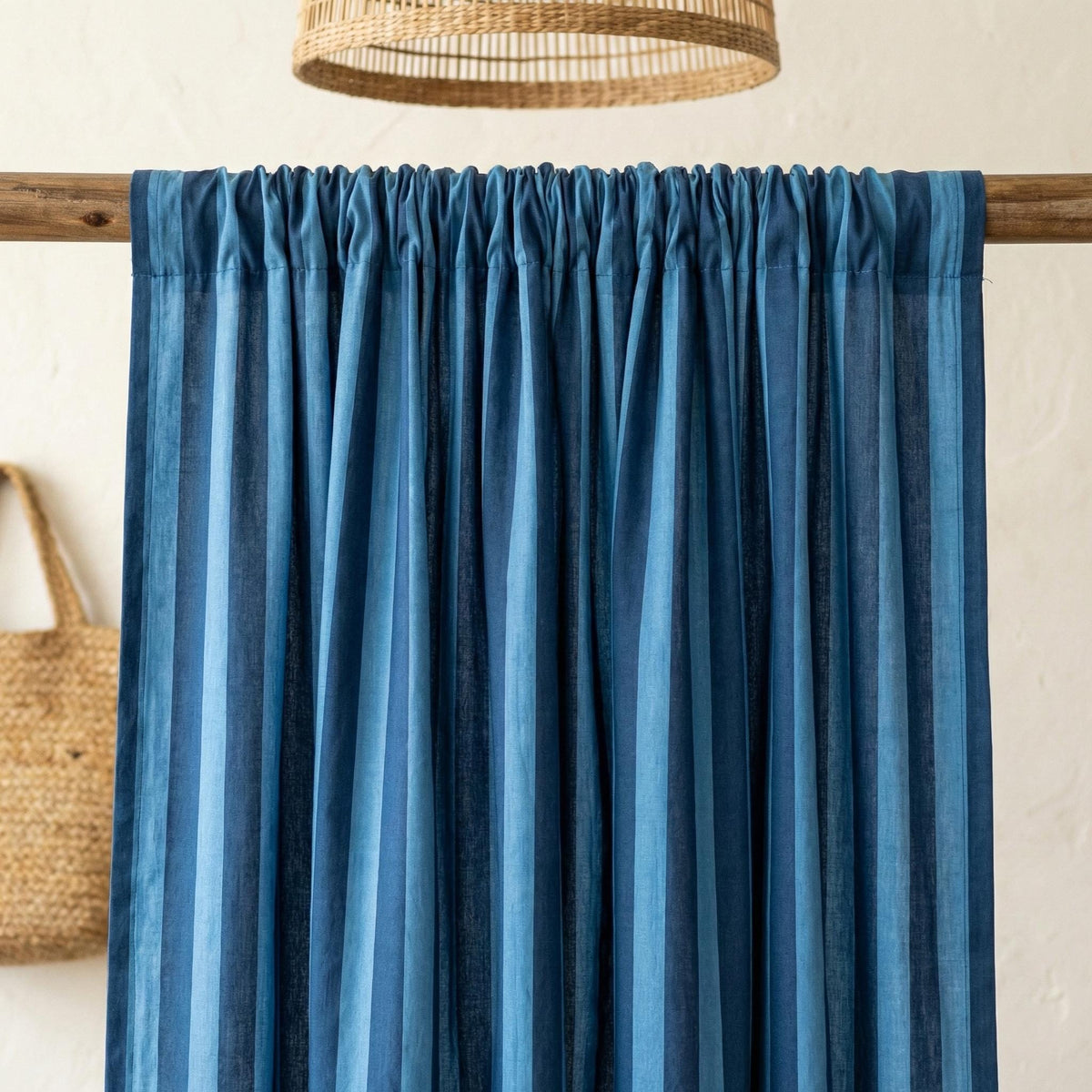 Blue Stripe Organic Cotton Curtains, Hand Block Print, Custom Size — image 9