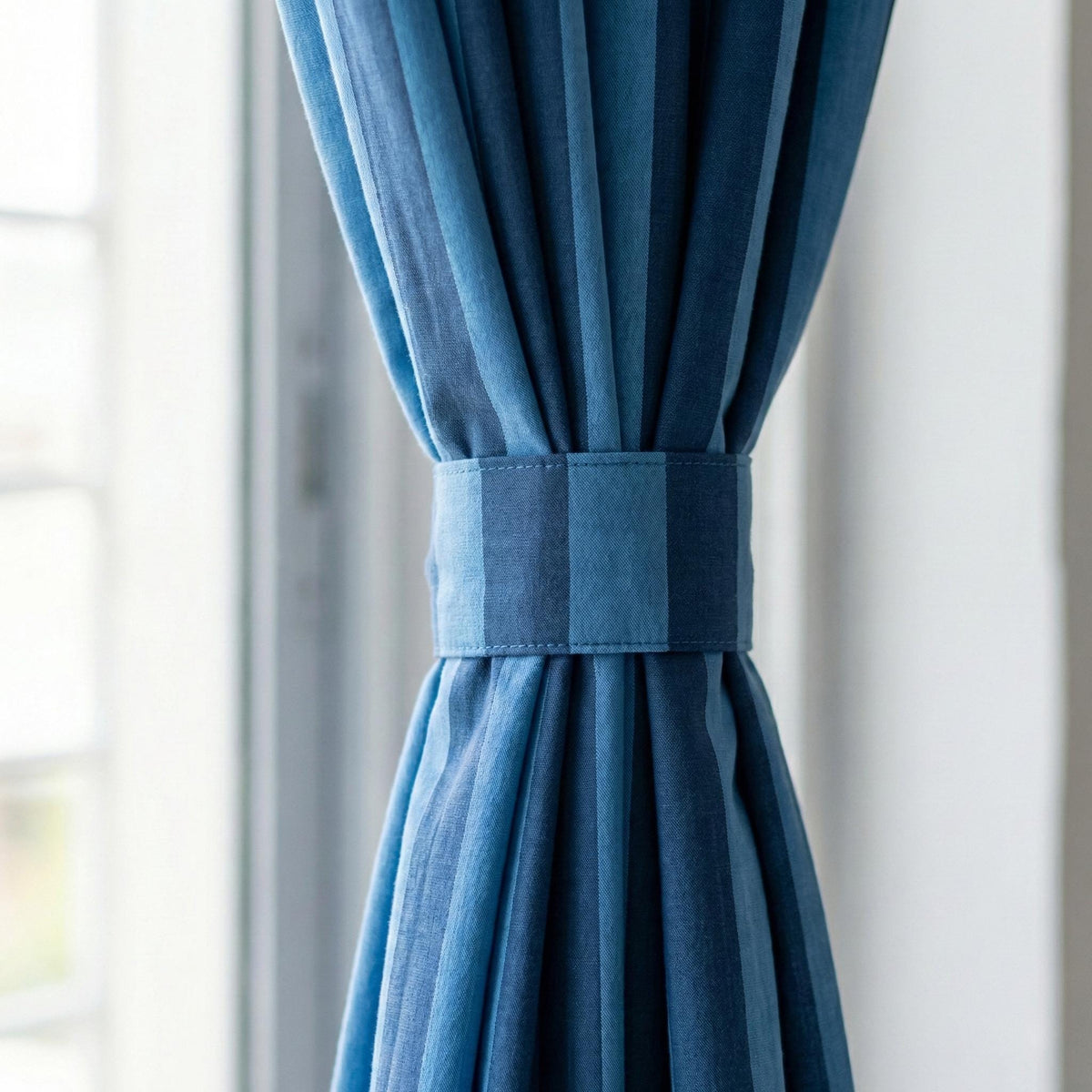 Blue Stripe Organic Cotton Curtains, Hand Block Print, Custom Size — image 3