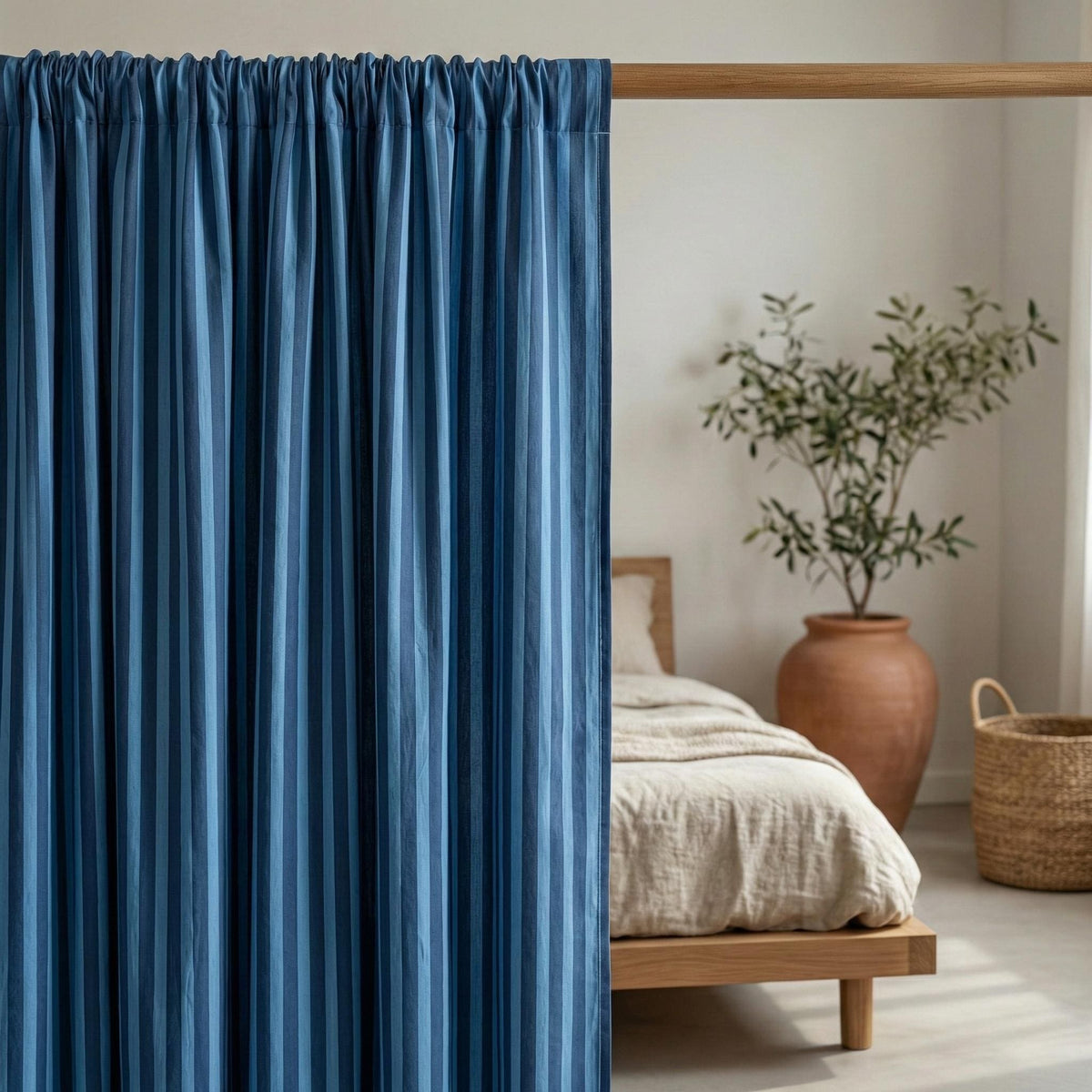 Blue Stripe Organic Cotton Curtains, Hand Block Print, Custom Size — image 8