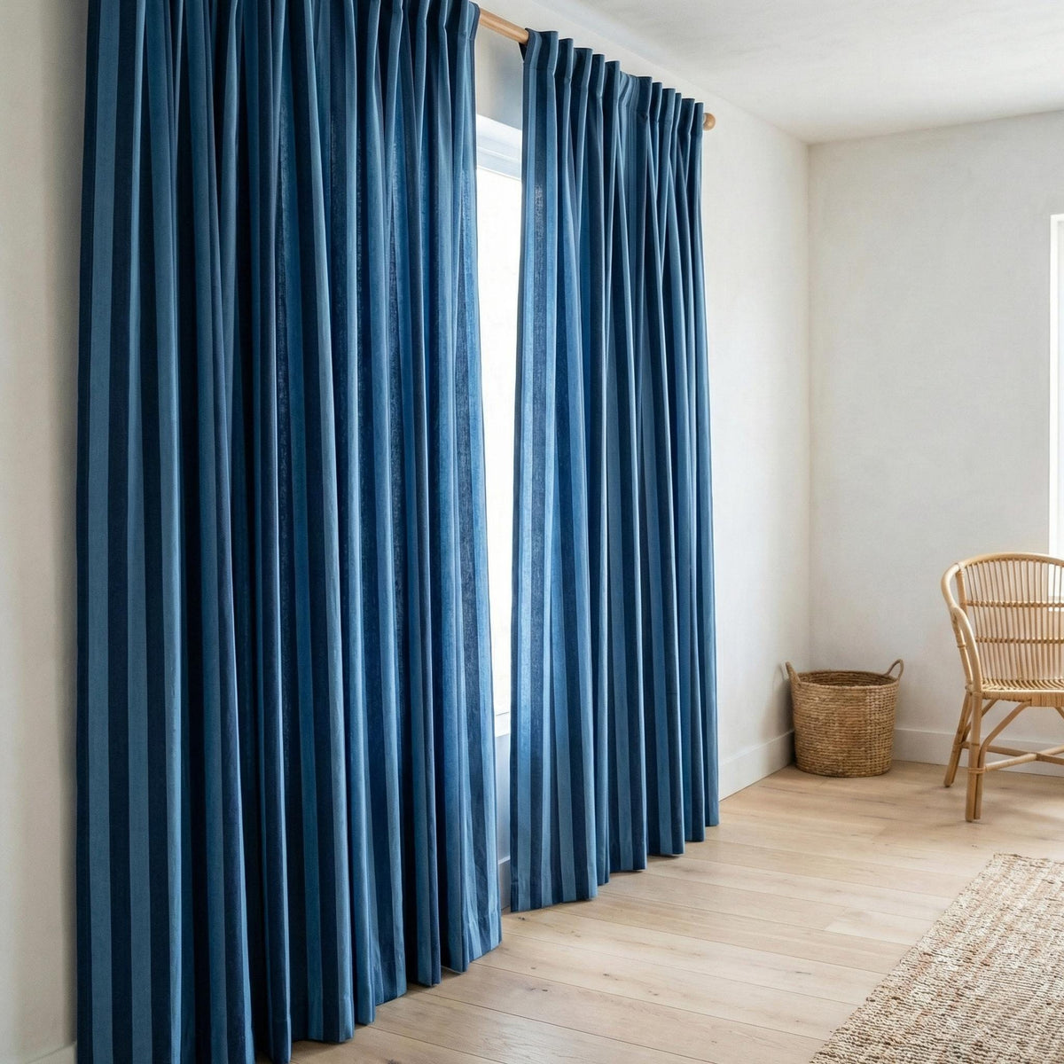 Blue Stripe Organic Cotton Curtains, Hand Block Print, Custom Size — image 6