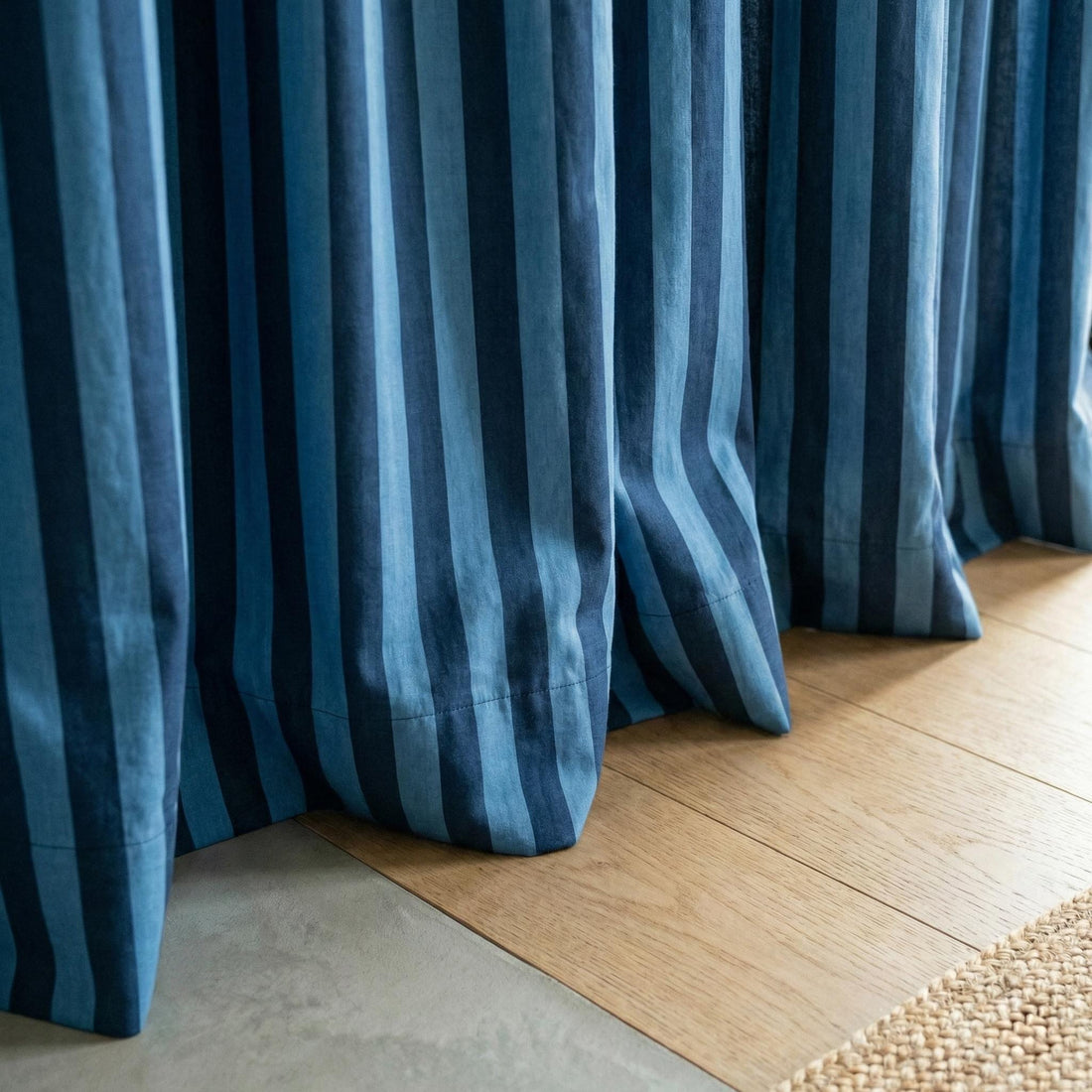 Blue Stripe Organic Cotton Curtains, Hand Block Print, Custom Size — image 1