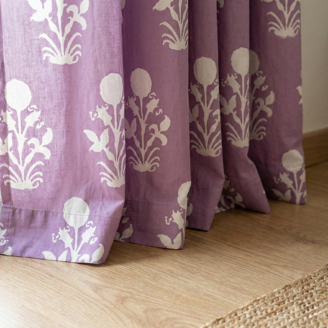 Hand Block Print Organic Cotton Curtains, Lavender Floral Drapes — image 1