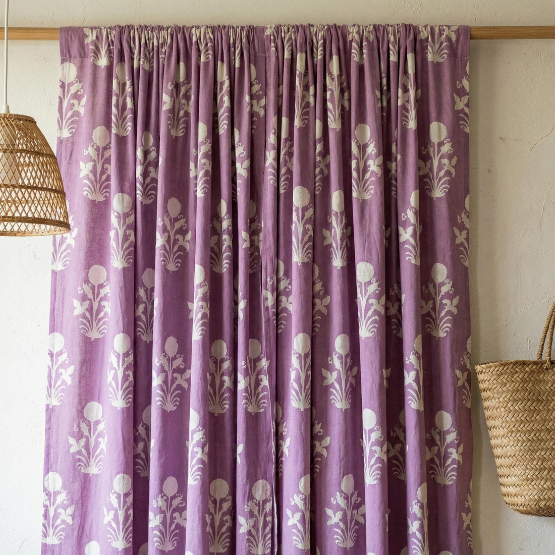 Hand Block Print Organic Cotton Curtains, Lavender Floral Drapes — image 1