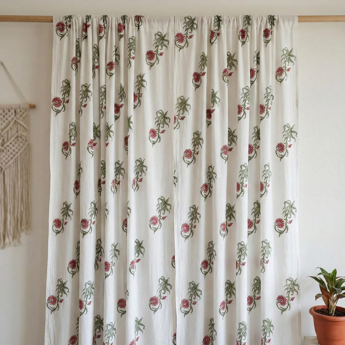 Hand Block Print Cotton Curtain, Red Floral Vine, Semi Sheer Drapes — image 7
