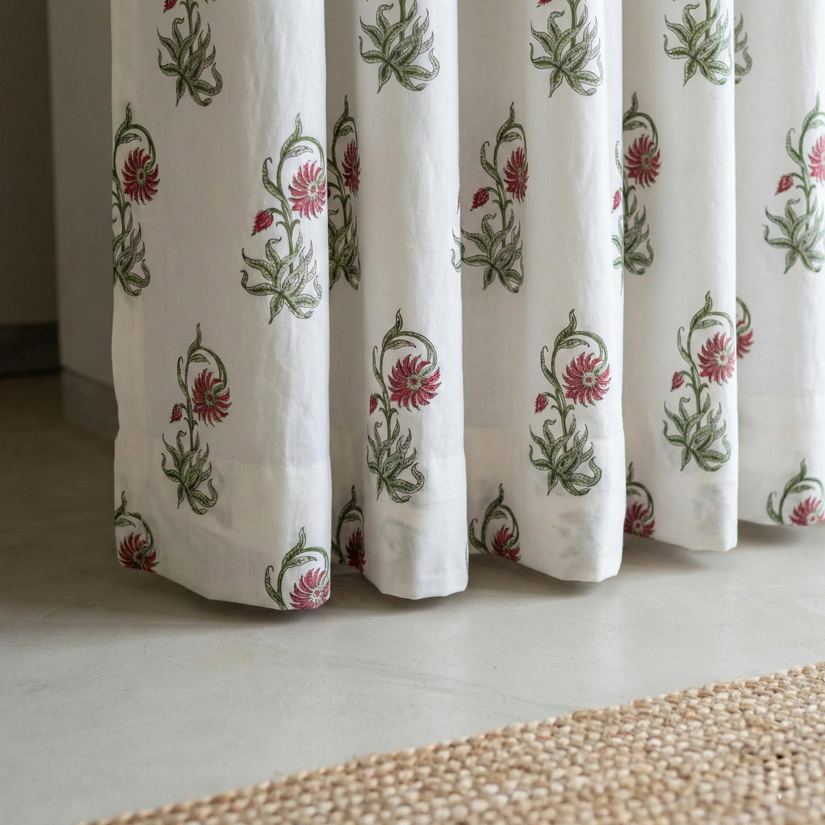 Hand Block Print Cotton Curtain, Red Floral Vine, Semi Sheer Drapes — image 5