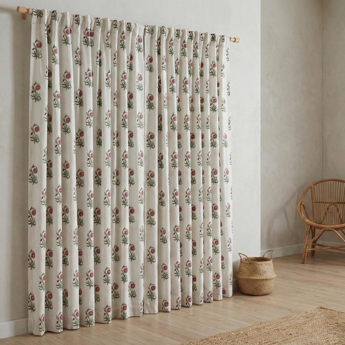 Hand Block Print Cotton Curtain, Red Floral Vine, Semi Sheer Drapes — image 3