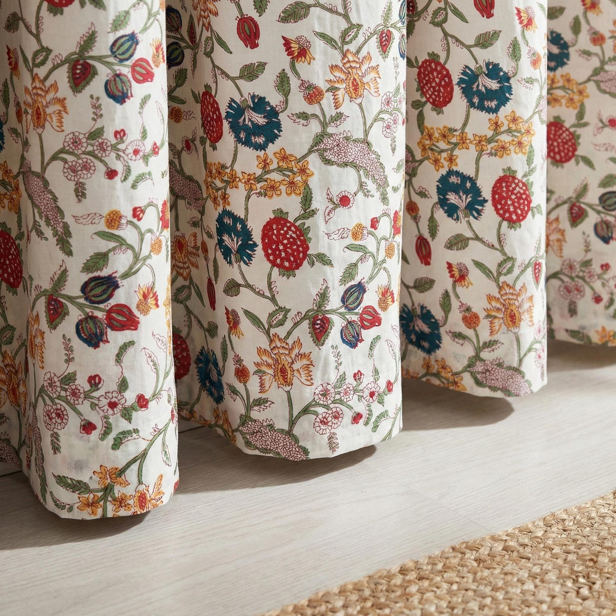 Hand Block Print Organic Cotton Curtains, Floral Vine, Semi Sheer — image 3
