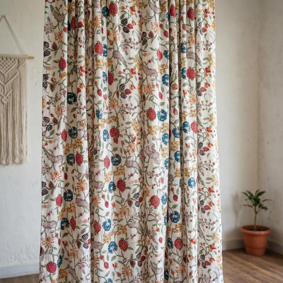 Hand Block Print Organic Cotton Curtains, Floral Vine, Semi Sheer — image 4