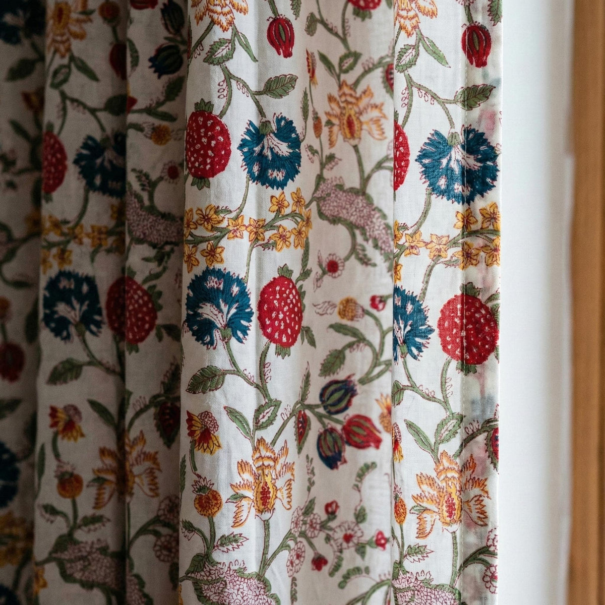 Hand Block Print Organic Cotton Curtains, Floral Vine, Semi Sheer — image 2