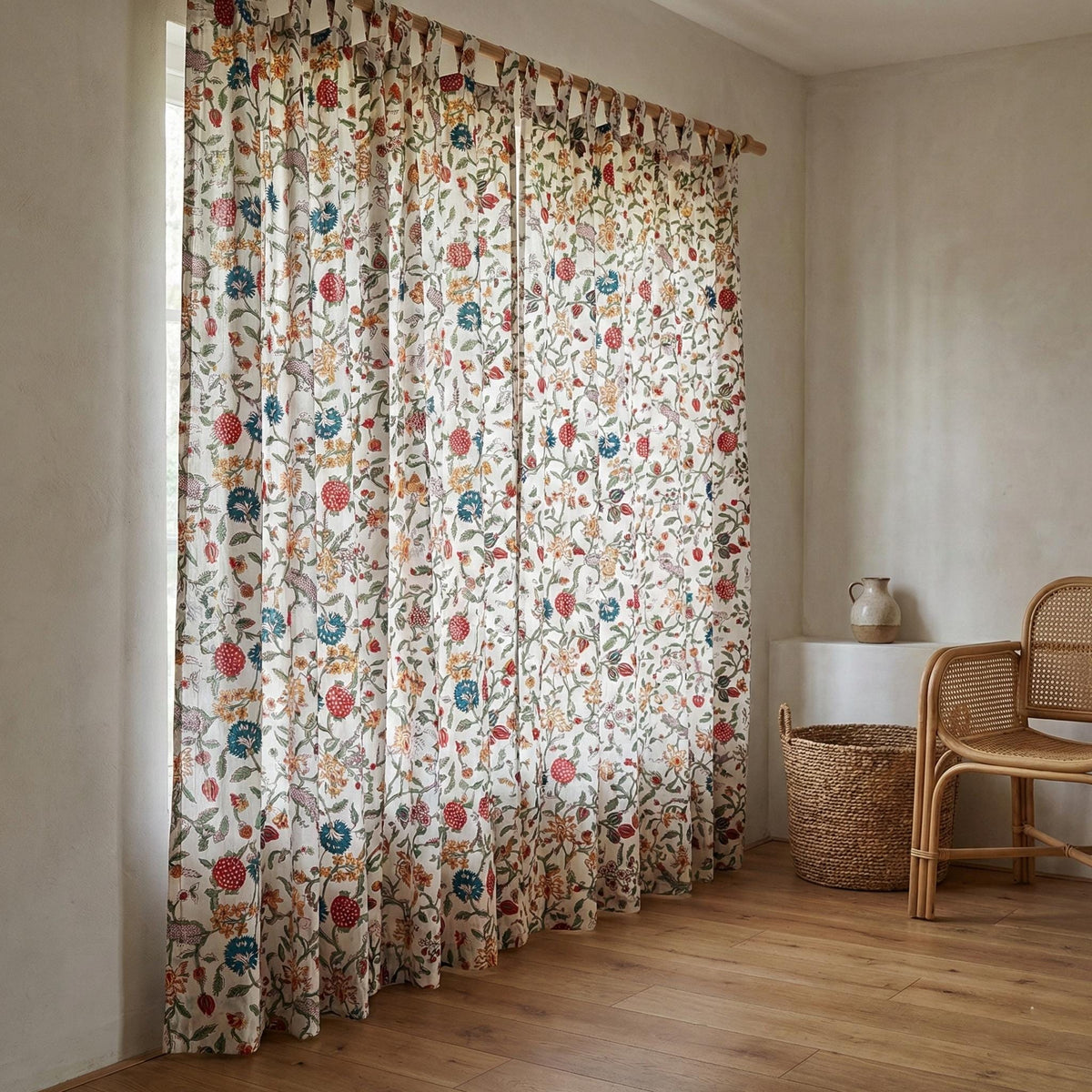 Hand Block Print Organic Cotton Curtains, Floral Vine, Semi Sheer — image 9