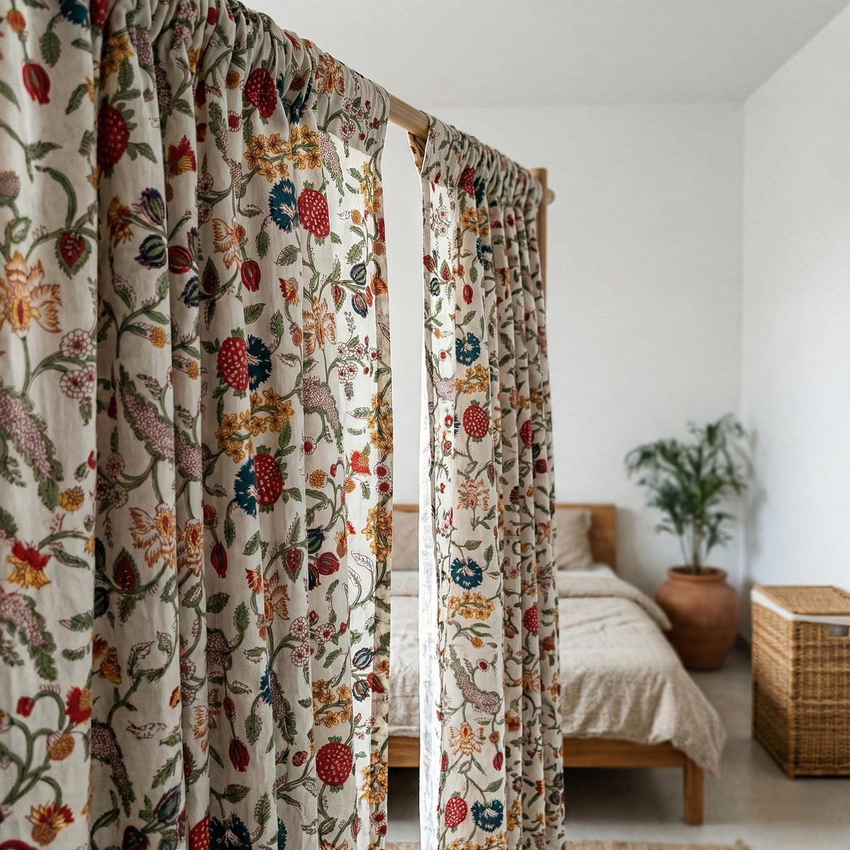 Hand Block Print Organic Cotton Curtains, Floral Vine, Semi Sheer — image 5