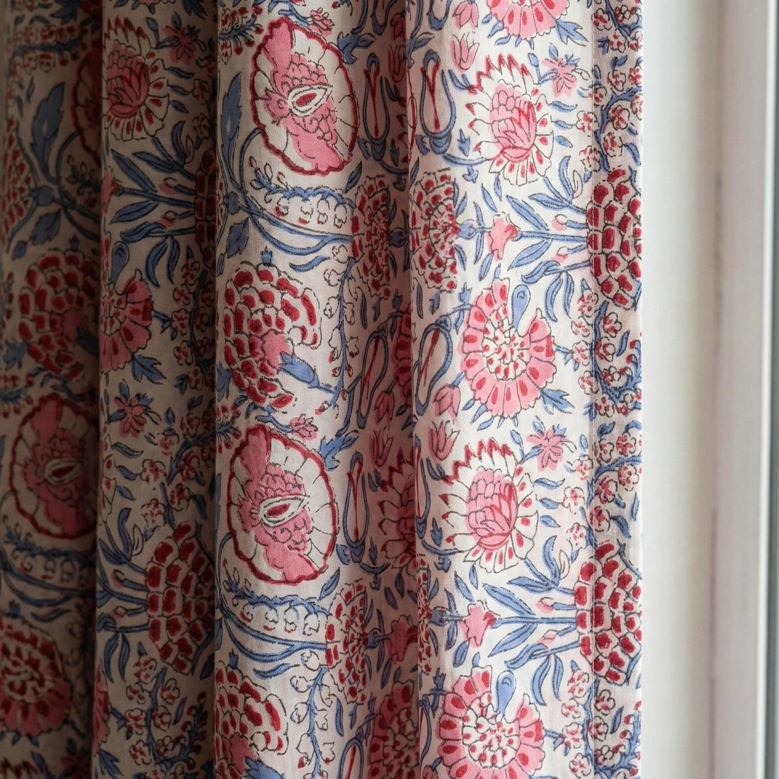 Hand Block Print Cotton Curtains, Blush Pink Floral, Custom Size — image 1