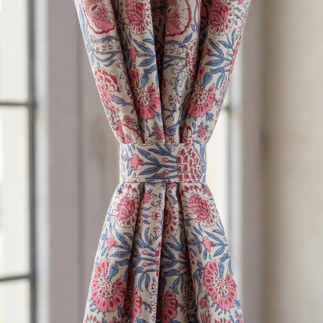 Hand Block Print Cotton Curtains, Blush Pink Floral, Custom Size — image 1