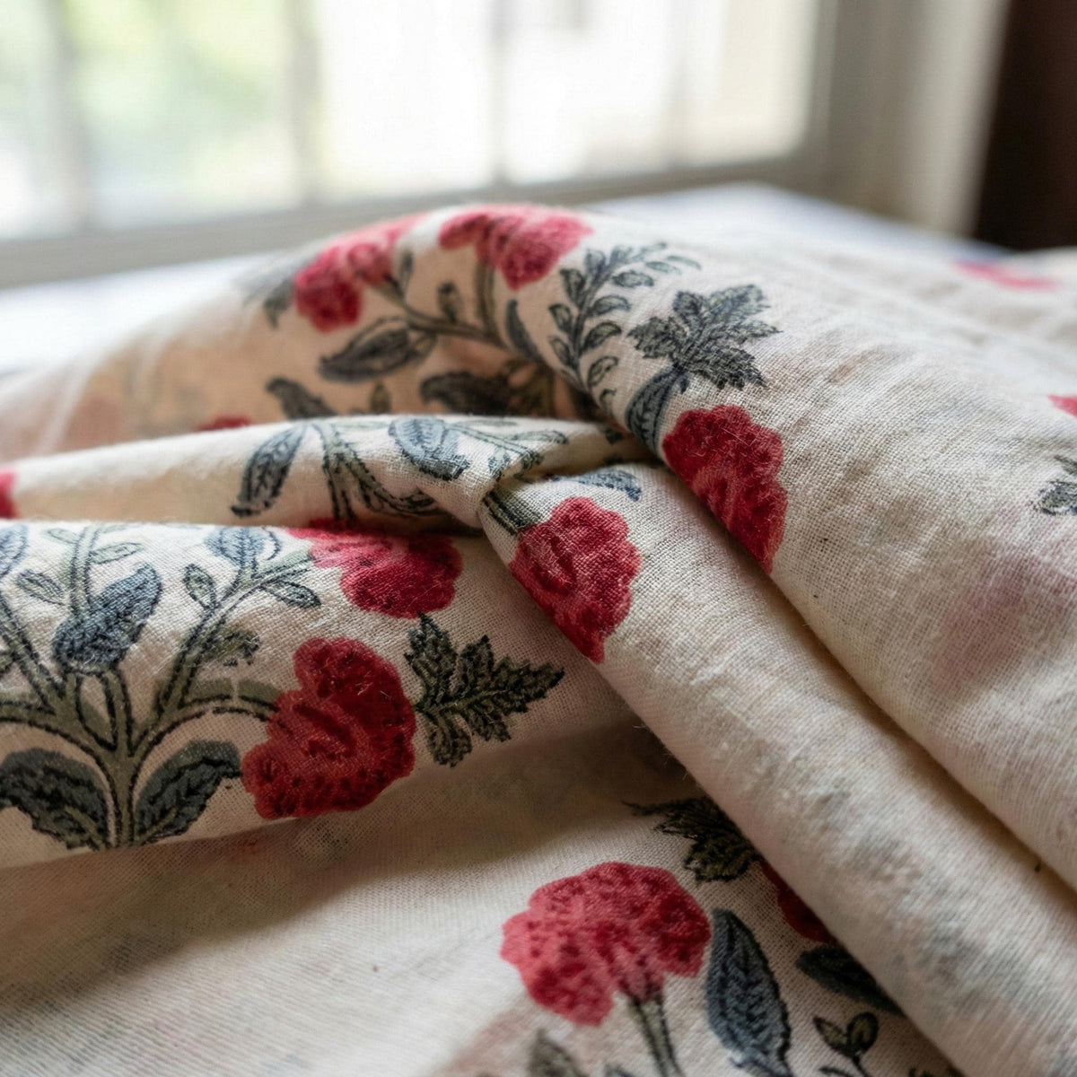 Hand Block Print Organic Cotton Curtains, Red Floral — image 2