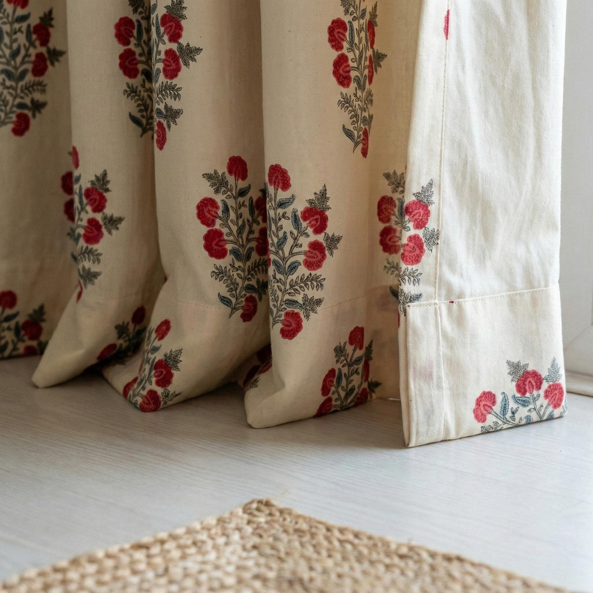 Hand Block Print Organic Cotton Curtains, Red Floral — image 4