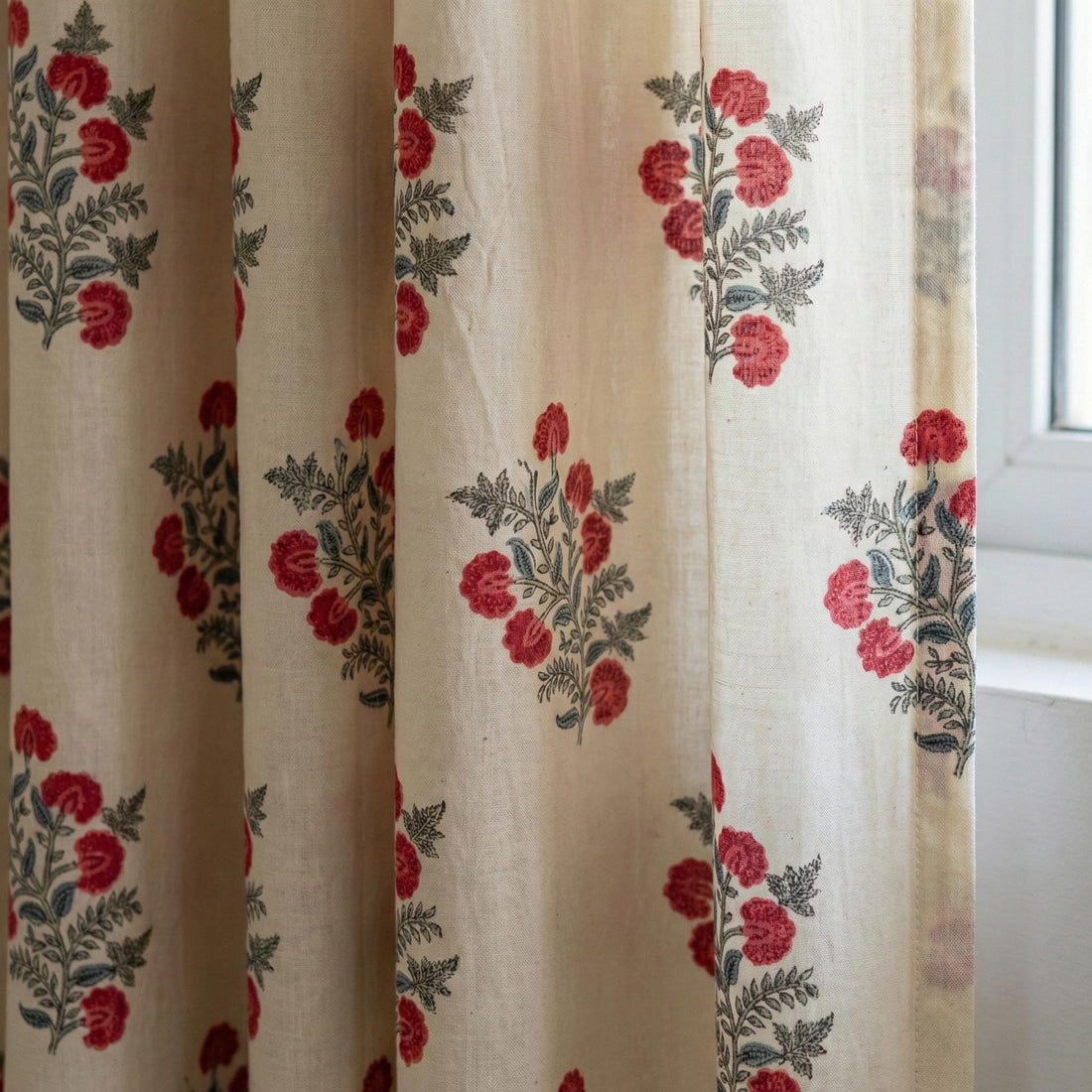 Hand Block Print Organic Cotton Curtains, Red Floral — image 1