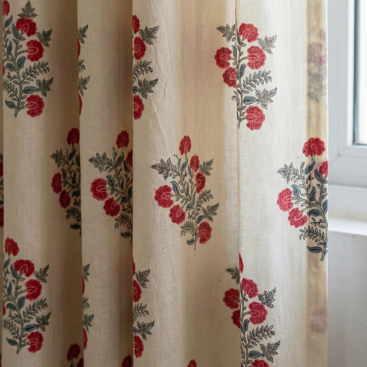 Hand Block Print Organic Cotton Curtains, Red Floral — image 1