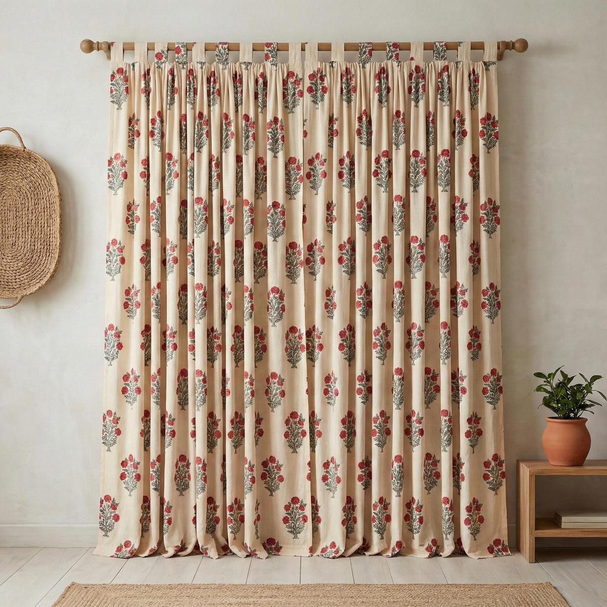 Hand Block Print Organic Cotton Curtains, Red Floral — image 5