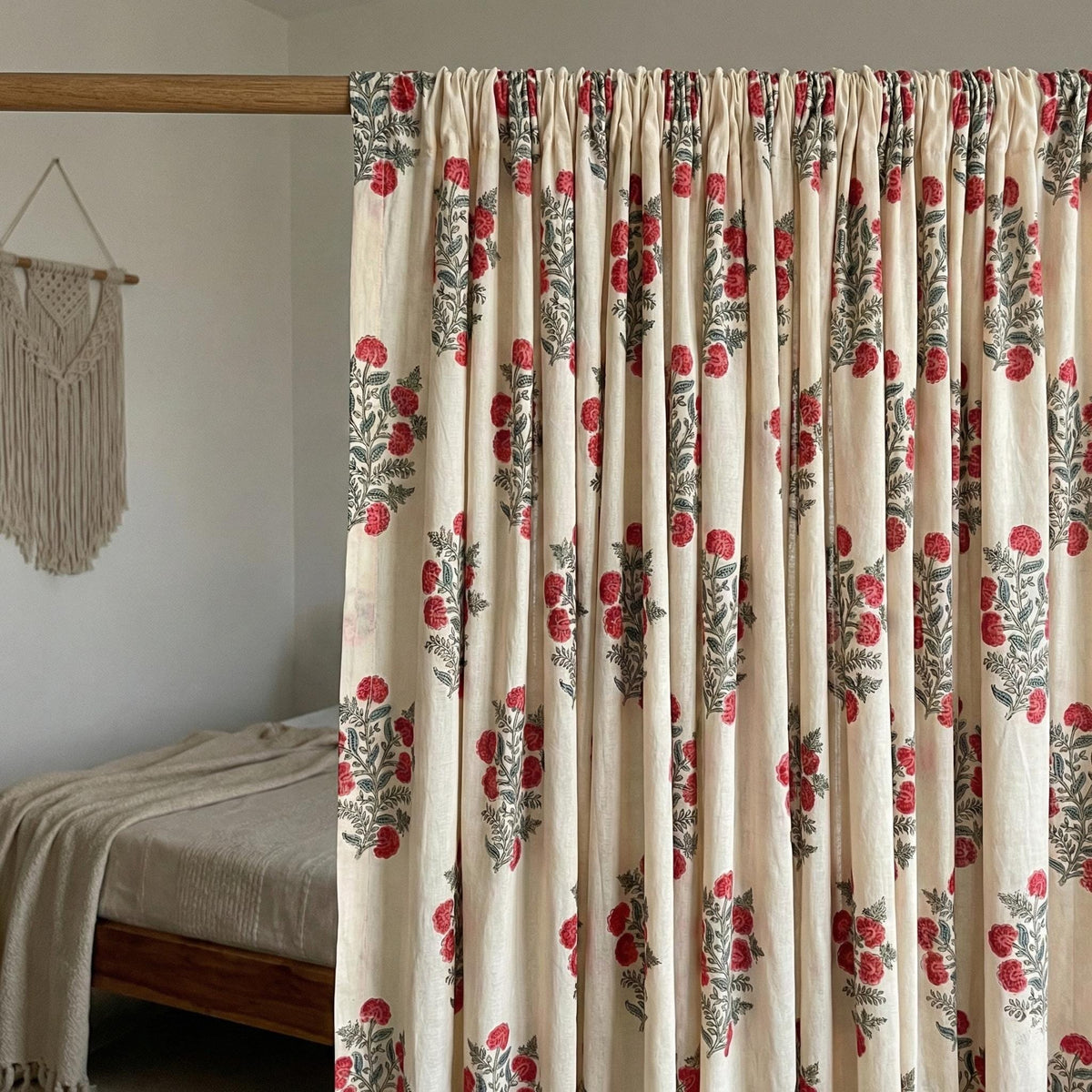 Hand Block Print Organic Cotton Curtains, Red Floral — image 6