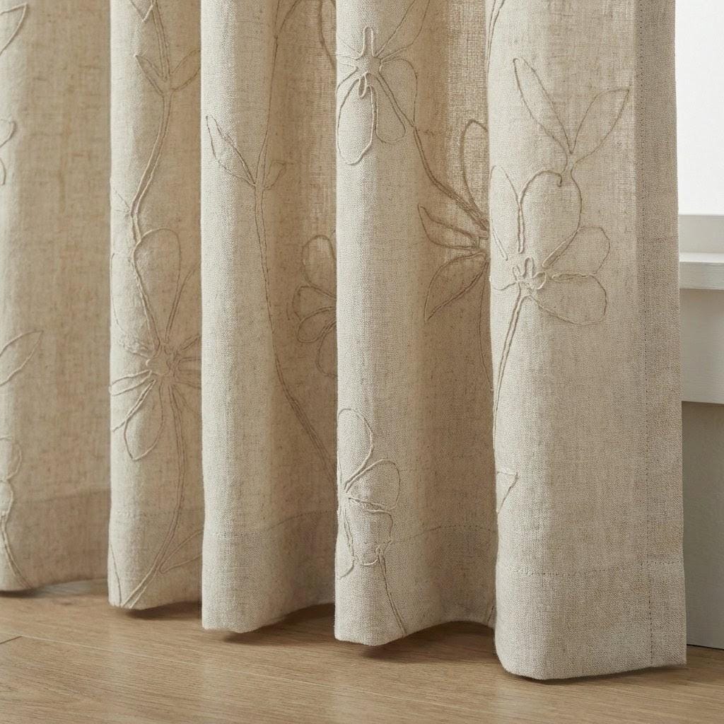 Beige Linen Curtains, Floral Embroidered, Custom Size, Unlined/Lined — image 1